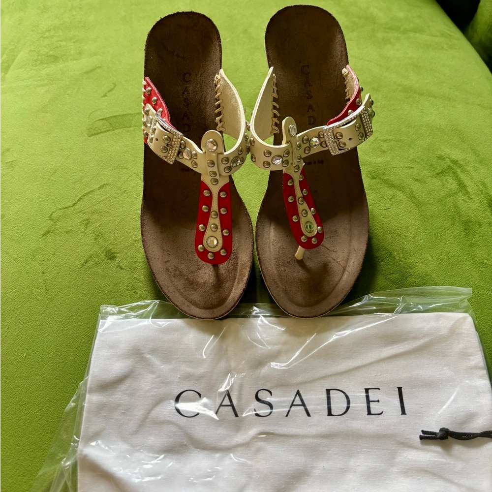 Casadei Red and Cream Studded Thong Sandals